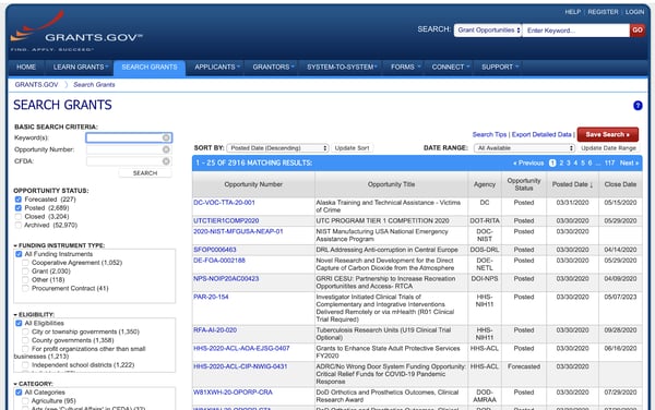 Grants.gov grant search database